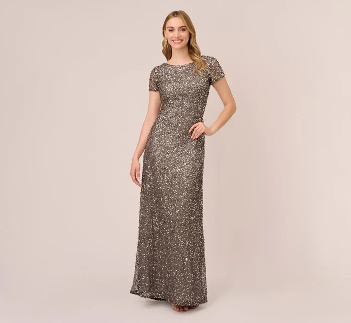 Adrianna Papell Scoop Back Sequin Gown In Lead Lead Women Long Dresses