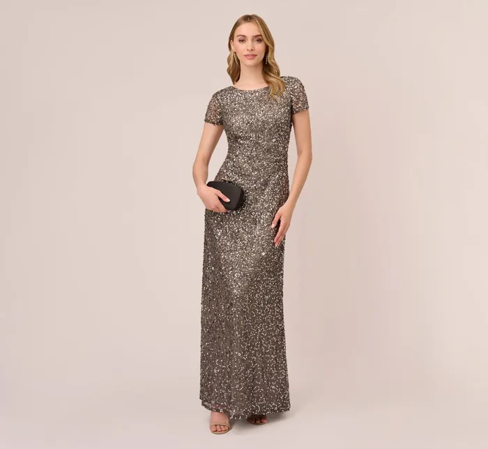 Adrianna Papell Scoop Back Sequin Gown In Lead Lead Women Long Dresses Adrianna Papell Scoop Back Sequin Gown In Lead Lead Women Long Dresses