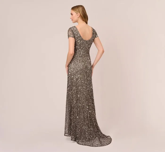 Adrianna Papell Scoop Back Sequin Gown In Lead Lead Women Long Dresses Adrianna Papell Scoop Back Sequin Gown In Lead Lead Women Long Dresses