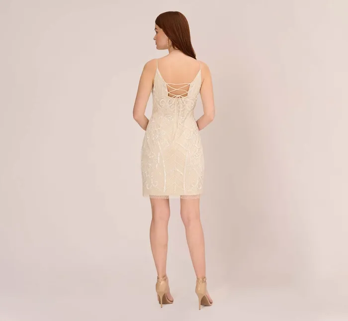 Adrianna Papell Sequin Beaded Sheath Dress With Corset Back In Ivory Pearl IvoryPearl Women Short Wedding Dresses Adrianna Papell Sequin Beaded Sheath Dress With Corset Back In Ivory Pearl IvoryPearl Women Short Wedding Dresses