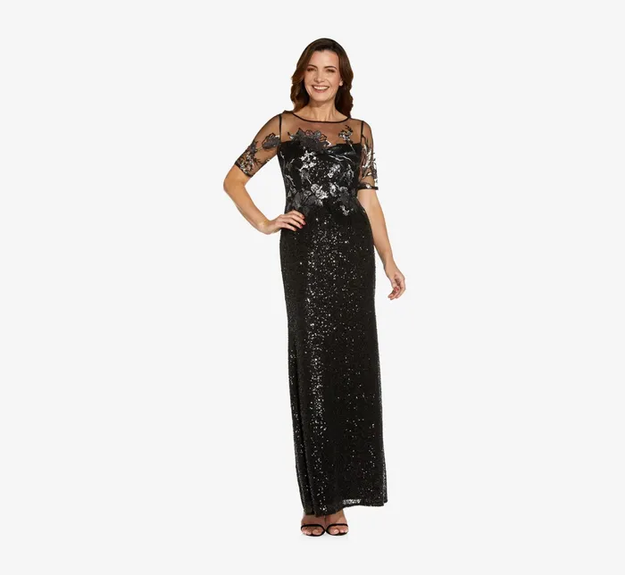 Adrianna Papell Sequin Embroidered Gown In Black Gunmetal BlackGunmetal Women Long Dresses Adrianna Papell Sequin Embroidered Gown In Black Gunmetal BlackGunmetal Women Long Dresses