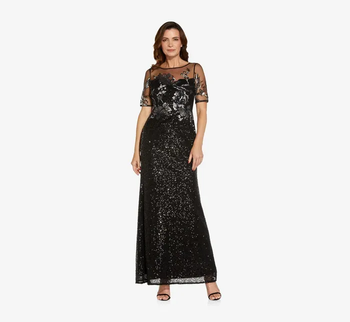 Adrianna Papell Sequin Embroidered Gown In Black Gunmetal BlackGunmetal Women Long Dresses Adrianna Papell Sequin Embroidered Gown In Black Gunmetal BlackGunmetal Women Long Dresses