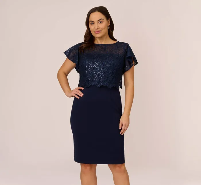 Adrianna Papell Sequined Guipure Lace Popover Stretch Knit Crepe Short Sheath Dress In Navy Navy Women Day Dresses Adrianna Papell Sequined Guipure Lace Popover Stretch Knit Crepe Short Sheath Dress In Navy Navy Women Day Dresses