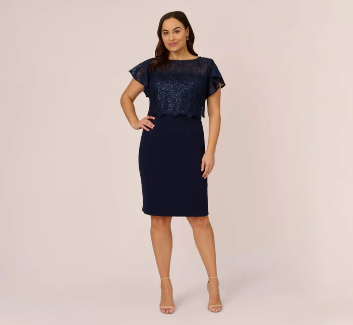 Adrianna Papell Sequined Guipure Lace Popover Stretch Knit Crepe Short Sheath Dress In Navy Navy Women Day Dresses Adrianna Papell Sequined Guipure Lace Popover Stretch Knit Crepe Short Sheath Dress In Navy Navy Women Day Dresses