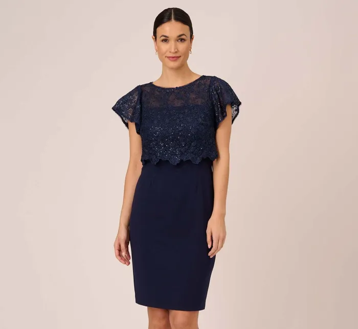Adrianna Papell Sequined Guipure Lace Popover Stretch Knit Crepe Short Sheath Dress In Navy Navy Women Day Dresses Adrianna Papell Sequined Guipure Lace Popover Stretch Knit Crepe Short Sheath Dress In Navy Navy Women Day Dresses