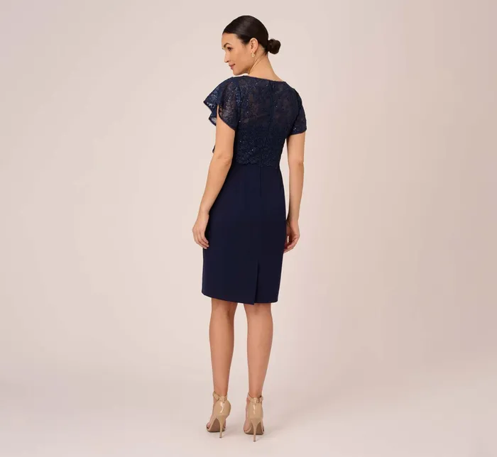 Adrianna Papell Sequined Guipure Lace Popover Stretch Knit Crepe Short Sheath Dress In Navy Navy Women Day Dresses Adrianna Papell Sequined Guipure Lace Popover Stretch Knit Crepe Short Sheath Dress In Navy Navy Women Day Dresses