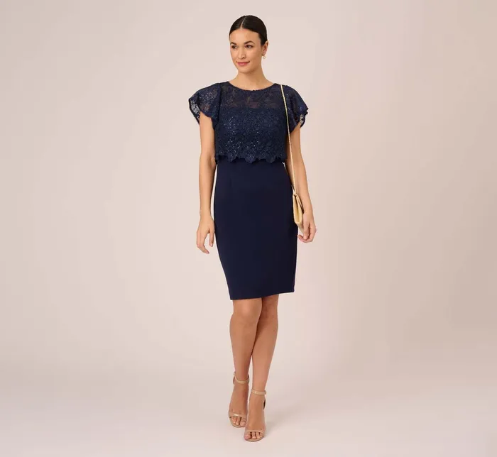 Adrianna Papell Sequined Guipure Lace Popover Stretch Knit Crepe Short Sheath Dress In Navy Navy Women Day Dresses Adrianna Papell Sequined Guipure Lace Popover Stretch Knit Crepe Short Sheath Dress In Navy Navy Women Day Dresses