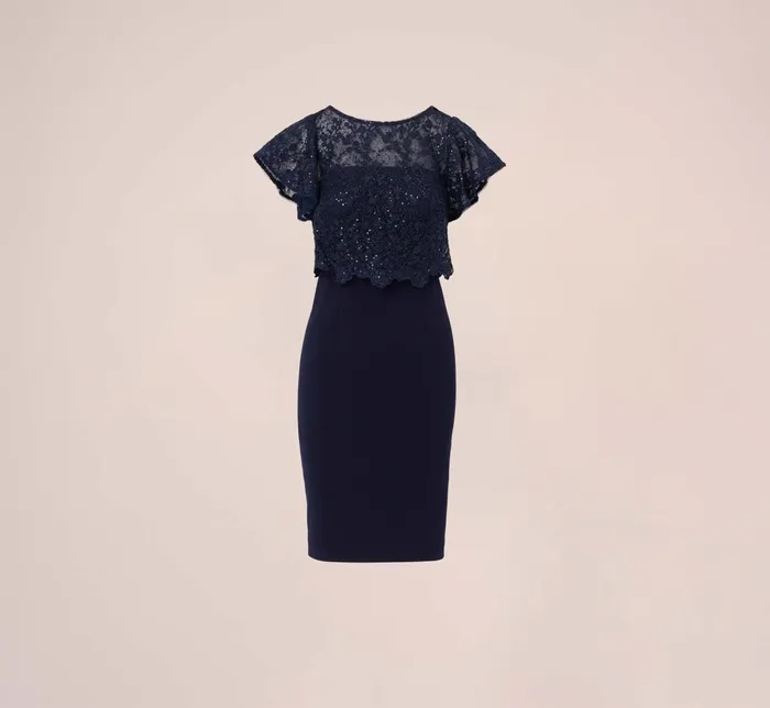 Adrianna Papell Sequined Guipure Lace Popover Stretch Knit Crepe Short Sheath Dress In Navy Navy Women Day Dresses Adrianna Papell Sequined Guipure Lace Popover Stretch Knit Crepe Short Sheath Dress In Navy Navy Women Day Dresses