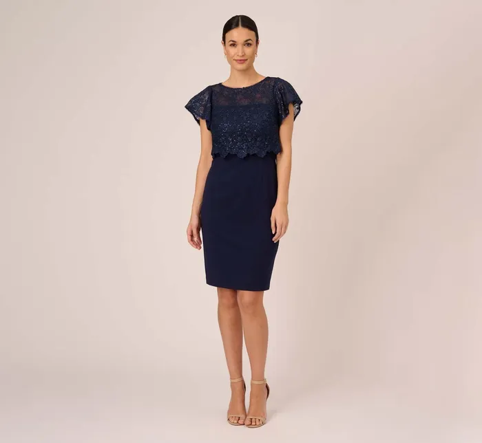 Adrianna Papell Sequined Guipure Lace Popover Stretch Knit Crepe Short Sheath Dress In Navy Navy Women Day Dresses Adrianna Papell Sequined Guipure Lace Popover Stretch Knit Crepe Short Sheath Dress In Navy Navy Women Day Dresses