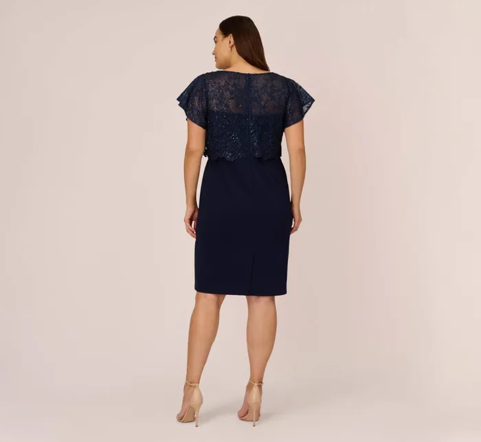 Adrianna Papell Sequined Guipure Lace Popover Stretch Knit Crepe Short Sheath Dress In Navy Navy Women Day Dresses Adrianna Papell Sequined Guipure Lace Popover Stretch Knit Crepe Short Sheath Dress In Navy Navy Women Day Dresses