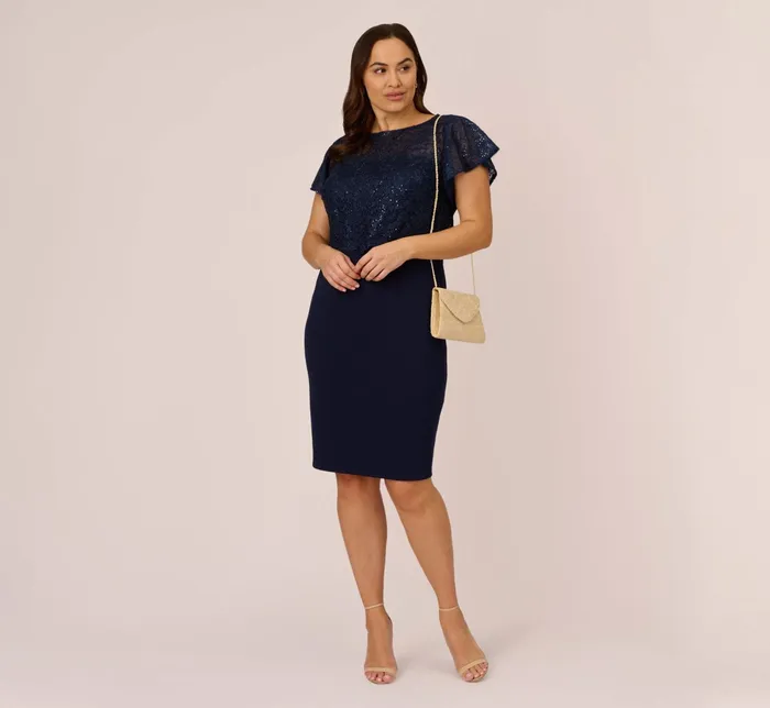 Adrianna Papell Sequined Guipure Lace Popover Stretch Knit Crepe Short Sheath Dress In Navy Navy Women Day Dresses Adrianna Papell Sequined Guipure Lace Popover Stretch Knit Crepe Short Sheath Dress In Navy Navy Women Day Dresses