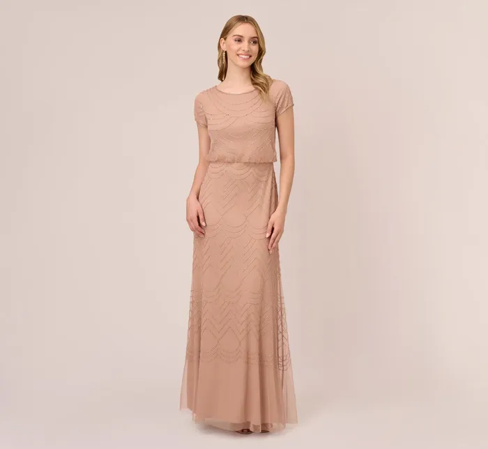 Adrianna Papell Short Sleeve Beaded Blouson Gown In Rose Gold Rose Gold Women Formal Dresses Adrianna Papell Short Sleeve Beaded Blouson Gown In Rose Gold Rose Gold Women Formal Dresses