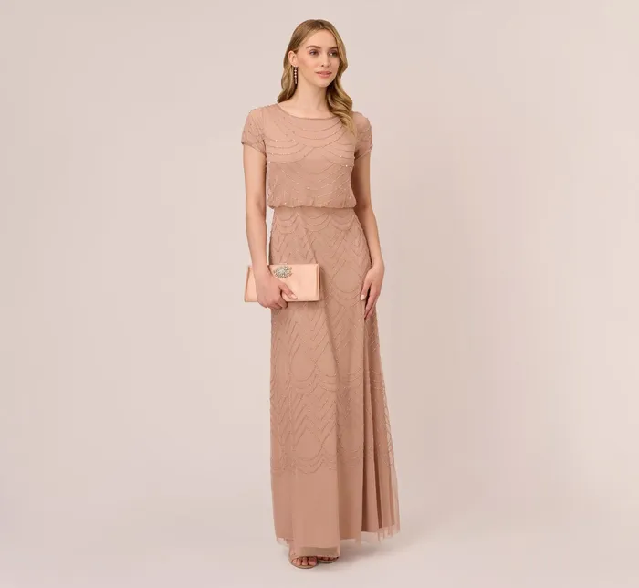 Adrianna Papell Short Sleeve Beaded Blouson Gown In Rose Gold Rose Gold Women Formal Dresses Adrianna Papell Short Sleeve Beaded Blouson Gown In Rose Gold Rose Gold Women Formal Dresses