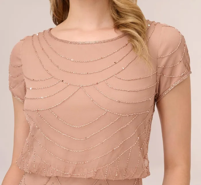 Adrianna Papell Short Sleeve Beaded Blouson Gown In Rose Gold Rose Gold Women Formal Dresses Adrianna Papell Short Sleeve Beaded Blouson Gown In Rose Gold Rose Gold Women Formal Dresses