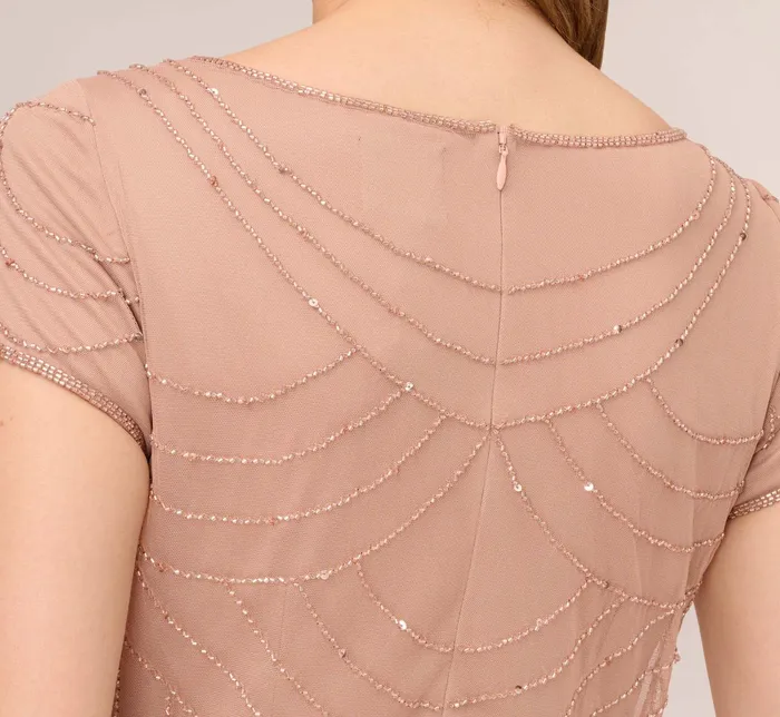 Adrianna Papell Short Sleeve Beaded Blouson Gown In Rose Gold Rose Gold Women Formal Dresses Adrianna Papell Short Sleeve Beaded Blouson Gown In Rose Gold Rose Gold Women Formal Dresses
