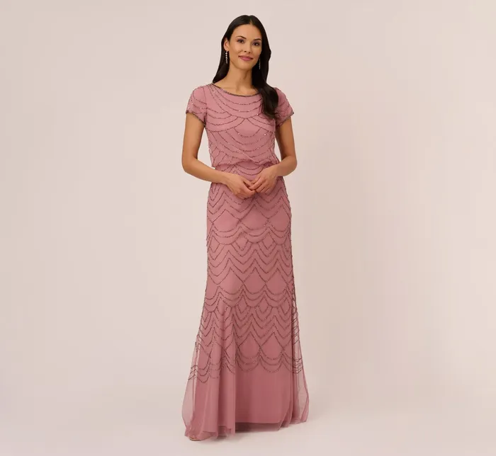 Adrianna Papell Short Sleeve Beaded Blouson Gown In Rose Mercury RoseMercury Women Formal Dresses Adrianna Papell Short Sleeve Beaded Blouson Gown In Rose Mercury RoseMercury Women Formal Dresses