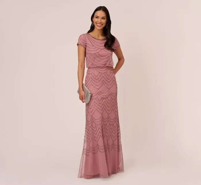 Adrianna Papell Short Sleeve Beaded Blouson Gown In Rose Mercury RoseMercury Women Formal Dresses Adrianna Papell Short Sleeve Beaded Blouson Gown In Rose Mercury RoseMercury Women Formal Dresses