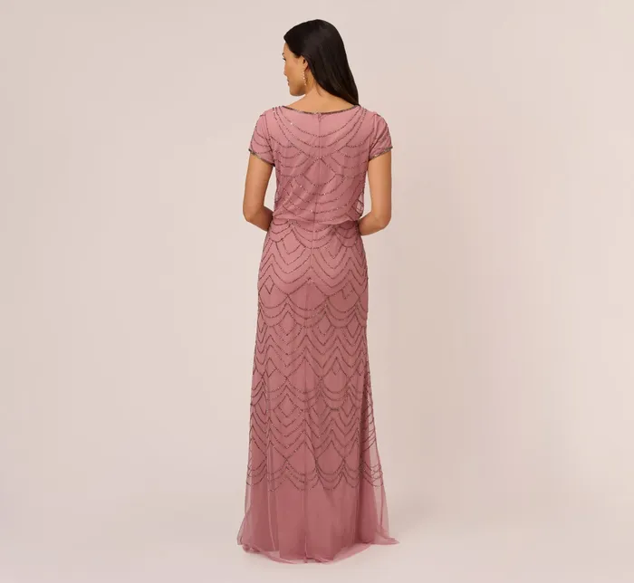 Adrianna Papell Short Sleeve Beaded Blouson Gown In Rose Mercury RoseMercury Women Formal Dresses Adrianna Papell Short Sleeve Beaded Blouson Gown In Rose Mercury RoseMercury Women Formal Dresses