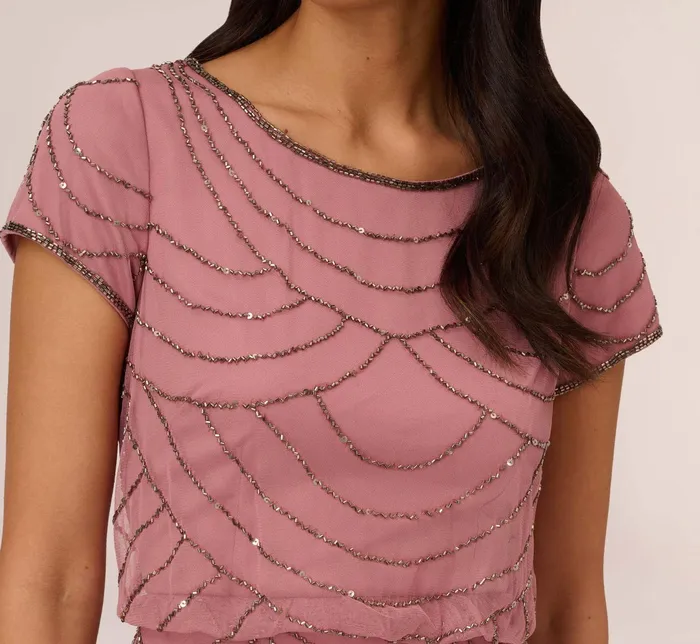 Adrianna Papell Short Sleeve Beaded Blouson Gown In Rose Mercury RoseMercury Women Formal Dresses Adrianna Papell Short Sleeve Beaded Blouson Gown In Rose Mercury RoseMercury Women Formal Dresses