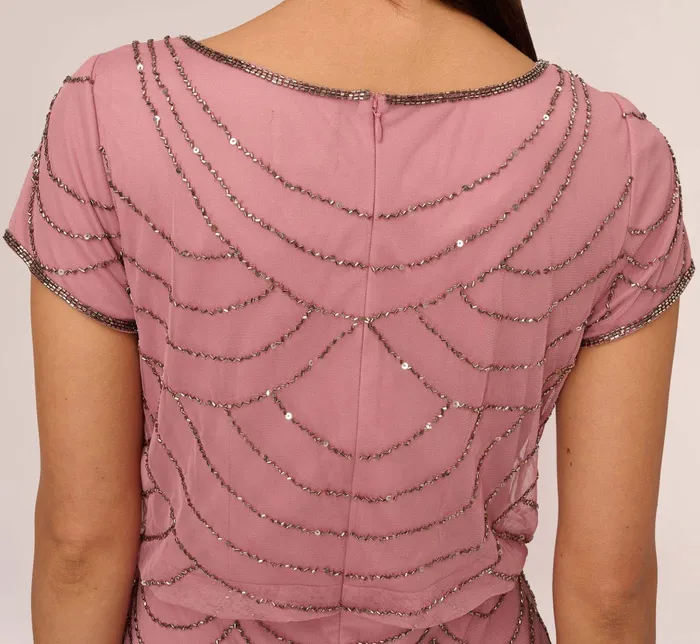 Adrianna Papell Short Sleeve Beaded Blouson Gown In Rose Mercury RoseMercury Women Formal Dresses Adrianna Papell Short Sleeve Beaded Blouson Gown In Rose Mercury RoseMercury Women Formal Dresses
