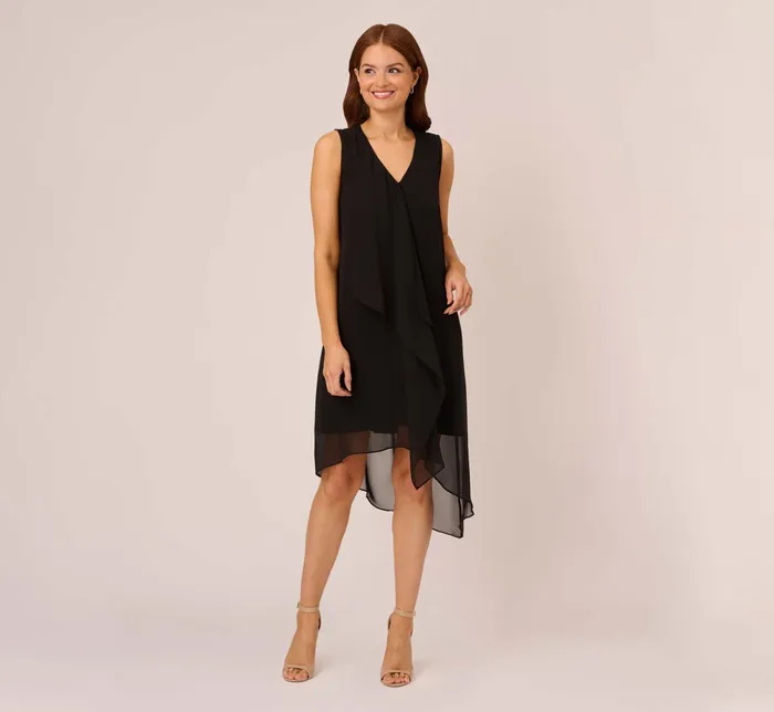 Adrianna Papell Sleeveless Chiffon Dress With Cascading Details In Black Black Women Short Dresses Adrianna Papell Sleeveless Chiffon Dress With Cascading Details In Black Black Women Short Dresses