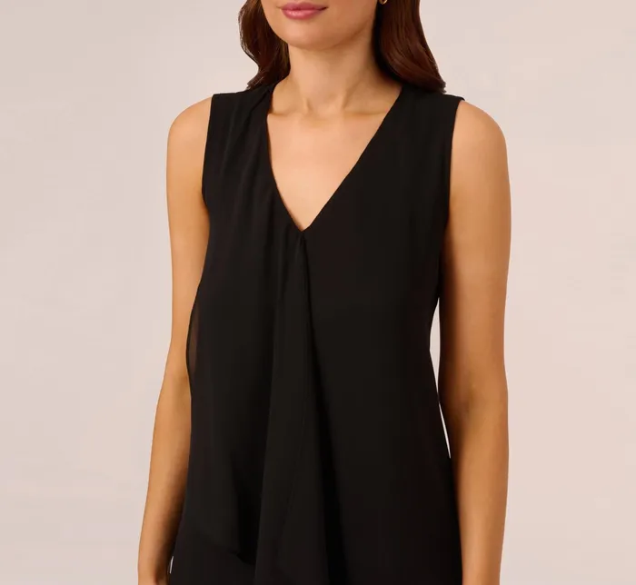 Adrianna Papell Sleeveless Chiffon Dress With Cascading Details In Black Black Women Short Dresses Adrianna Papell Sleeveless Chiffon Dress With Cascading Details In Black Black Women Short Dresses