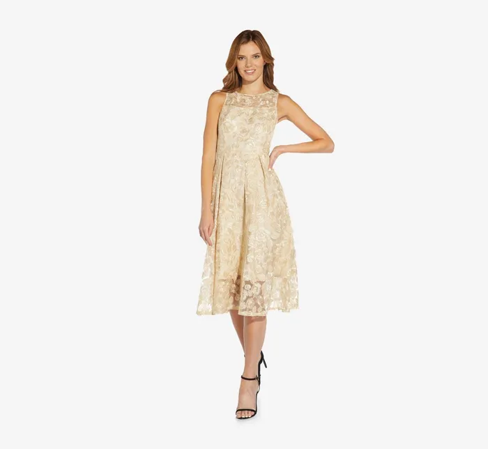 Adrianna Papell Sleeveless Floral Embroidered Midi Length Fit And Flare Dress In Light Champagne Light Champagne Women Floral Dresses Adrianna Papell Sleeveless Floral Embroidered Midi Length Fit And Flare Dress In Light Champagne Light Champagne Women Floral Dresses