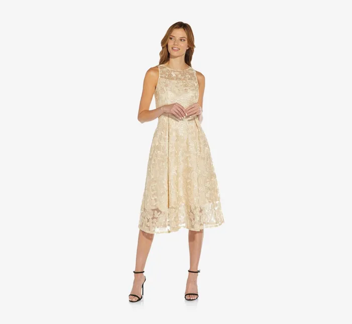 Adrianna Papell Sleeveless Floral Embroidered Midi Length Fit And Flare Dress In Light Champagne Light Champagne Women Floral Dresses Adrianna Papell Sleeveless Floral Embroidered Midi Length Fit And Flare Dress In Light Champagne Light Champagne Women Floral Dresses