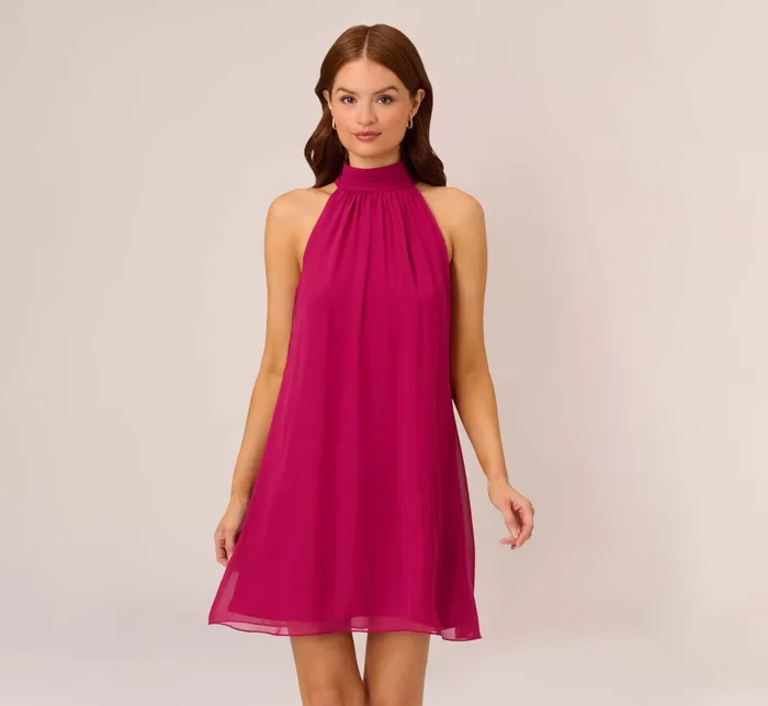 Adrianna Papell Sleeveless Pleated Chiffon Shift Dress With Mock Neckline In Magenta Magenta Women Short Dresses Adrianna Papell Sleeveless Pleated Chiffon Shift Dress With Mock Neckline In Magenta Magenta Women Short Dresses