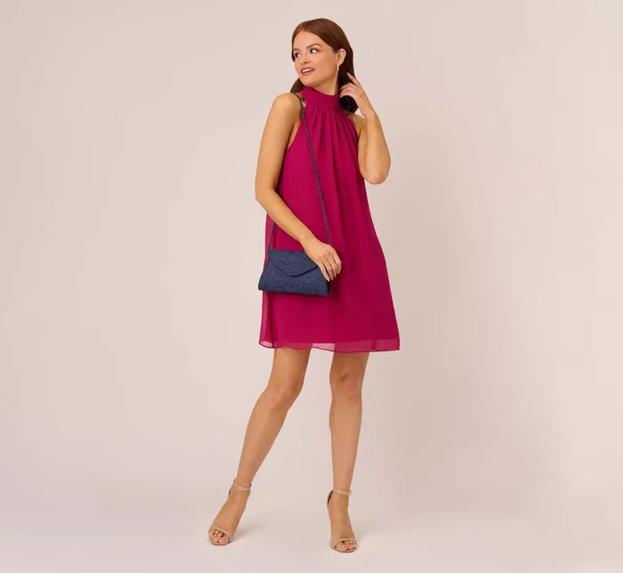 Adrianna Papell Sleeveless Pleated Chiffon Shift Dress With Mock Neckline In Magenta Magenta Women Short Dresses Adrianna Papell Sleeveless Pleated Chiffon Shift Dress With Mock Neckline In Magenta Magenta Women Short Dresses