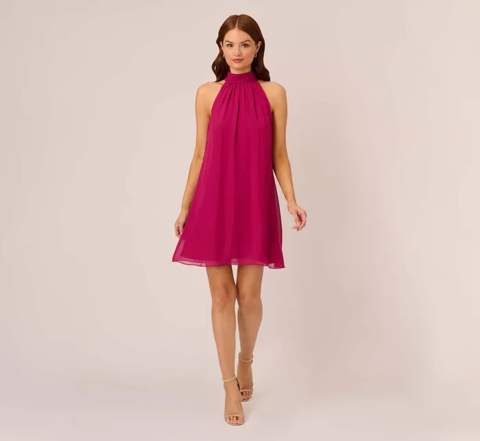 Adrianna Papell Sleeveless Pleated Chiffon Shift Dress With Mock Neckline In Magenta Magenta Women Short Dresses Adrianna Papell Sleeveless Pleated Chiffon Shift Dress With Mock Neckline In Magenta Magenta Women Short Dresses