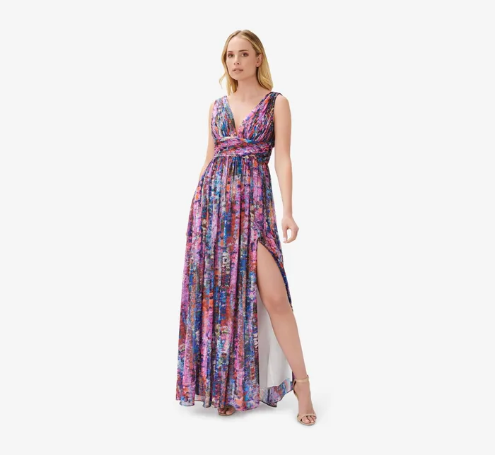 Adrianna Papell Sleeveless Printed Chiffon Gown In Blue Multi Blue Multi Women Long Dresses Adrianna Papell Sleeveless Printed Chiffon Gown In Blue Multi Blue Multi Women Long Dresses