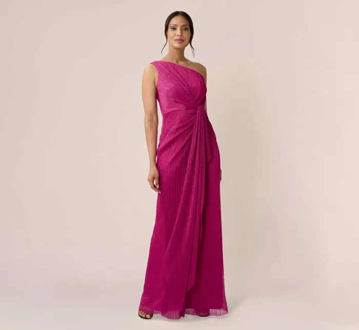 Adrianna Papell Stardust Pleated Draped One Shoulder Gown In Magenta Magenta Women Long Dresses Adrianna Papell Stardust Pleated Draped One Shoulder Gown In Magenta Magenta Women Long Dresses
