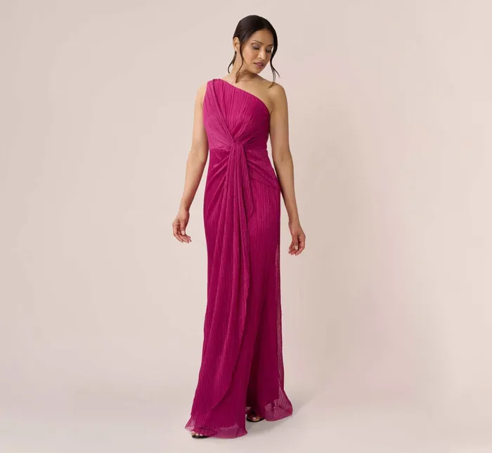Adrianna Papell Stardust Pleated Draped One Shoulder Gown In Magenta Magenta Women Long Dresses Adrianna Papell Stardust Pleated Draped One Shoulder Gown In Magenta Magenta Women Long Dresses