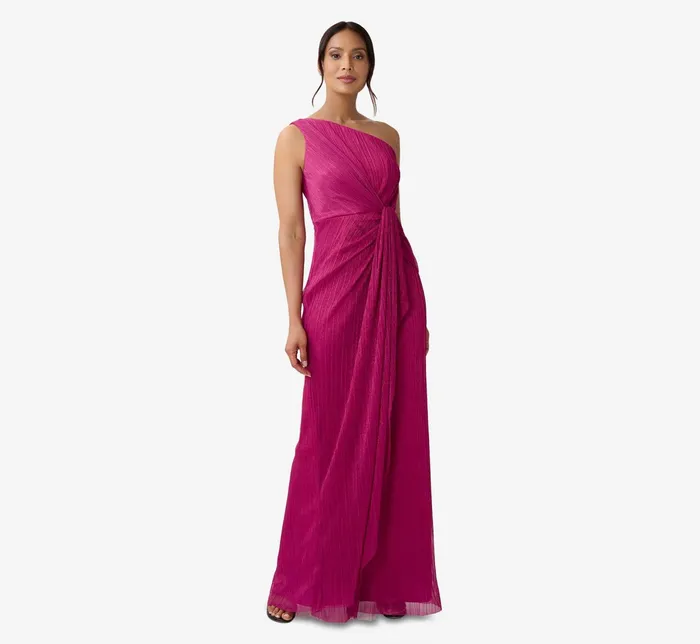 Adrianna Papell Stardust Pleated Draped One Shoulder Gown In Magenta Magenta Women Long Dresses Adrianna Papell Stardust Pleated Draped One Shoulder Gown In Magenta Magenta Women Long Dresses