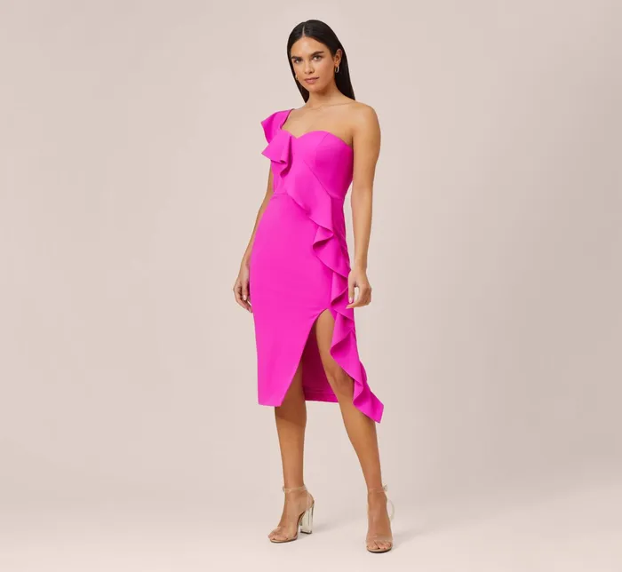 Adrianna Papell Stretch Crepe Strapless MidiLength Sheath Cocktail Dress With Ruffle In Pink Flame Pink Flame Women Cocktail Dresses Adrianna Papell Stretch Crepe Strapless MidiLength Sheath Cocktail Dress With Ruffle In Pink Flame Pink Flame Women Cocktail Dresses