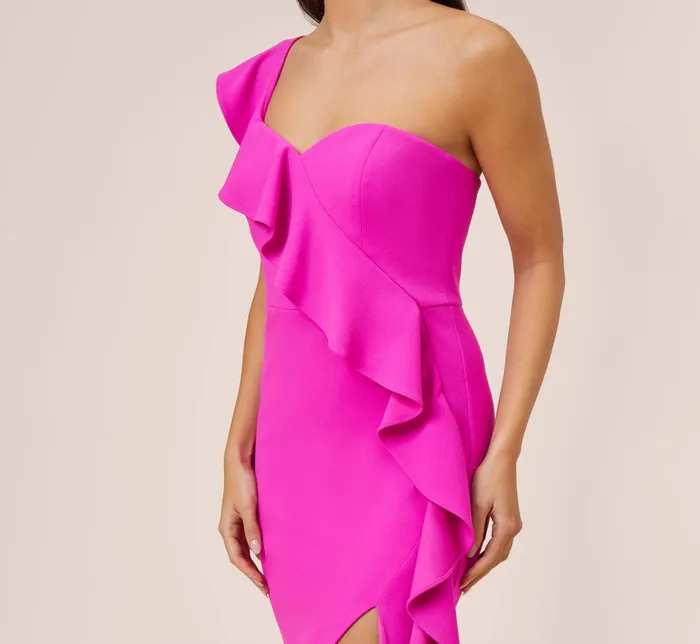 Adrianna Papell Stretch Crepe Strapless MidiLength Sheath Cocktail Dress With Ruffle In Pink Flame Pink Flame Women Cocktail Dresses Adrianna Papell Stretch Crepe Strapless MidiLength Sheath Cocktail Dress With Ruffle In Pink Flame Pink Flame Women Cocktail Dresses