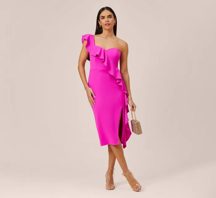 Adrianna Papell Stretch Crepe Strapless MidiLength Sheath Cocktail Dress With Ruffle In Pink Flame Pink Flame Women Cocktail Dresses Adrianna Papell Stretch Crepe Strapless MidiLength Sheath Cocktail Dress With Ruffle In Pink Flame Pink Flame Women Cocktail Dresses