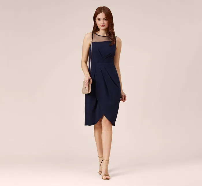 Adrianna Papell Stretch Knit Crepe Draped Illusion Short Faux Wrap Dress In Midnight Midnight Women Day Dresses Adrianna Papell Stretch Knit Crepe Draped Illusion Short Faux Wrap Dress In Midnight Midnight Women Day Dresses