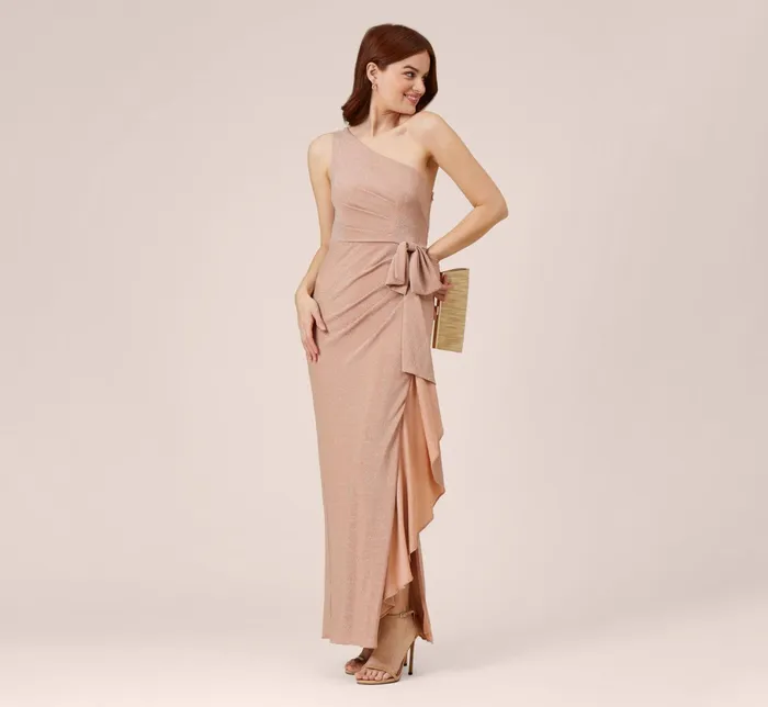 Adrianna Papell Stretch Metallic Knit One Shoulder Long Column Gown In Ginger Ginger Women Day Dresses Adrianna Papell Stretch Metallic Knit One Shoulder Long Column Gown In Ginger Ginger Women Day Dresses