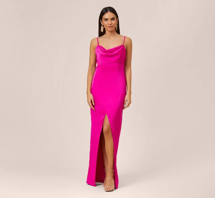 Adrianna Papell Stretch Satin Cowl Neck Long Column Gown With Slit In Pink Flame Pink Flame Women Long Dresses Adrianna Papell Stretch Satin Cowl Neck Long Column Gown With Slit In Pink Flame Pink Flame Women Long Dresses