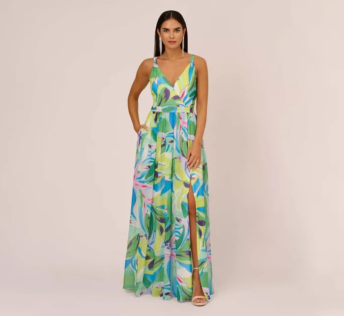 Adrianna Papell Tropical Printed Chiffon Dress With Wrap Details In Green Multi Green Multi Women Floral Adrianna Papell Tropical Printed Chiffon Dress With Wrap Details In Green Multi Green Multi Women Floral