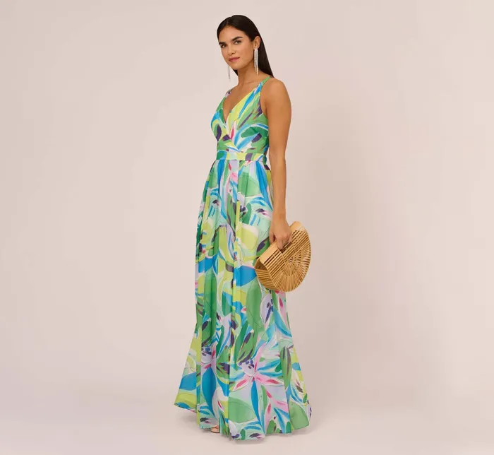 Adrianna Papell Tropical Printed Chiffon Dress With Wrap Details In Green Multi Green Multi Women Floral Adrianna Papell Tropical Printed Chiffon Dress With Wrap Details In Green Multi Green Multi Women Floral