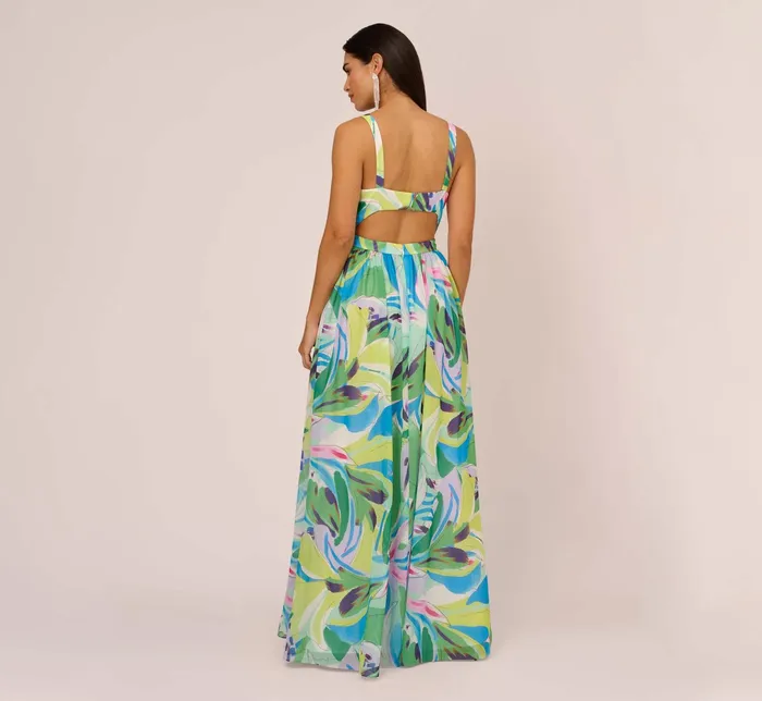 Adrianna Papell Tropical Printed Chiffon Dress With Wrap Details In Green Multi Green Multi Women Floral Adrianna Papell Tropical Printed Chiffon Dress With Wrap Details In Green Multi Green Multi Women Floral