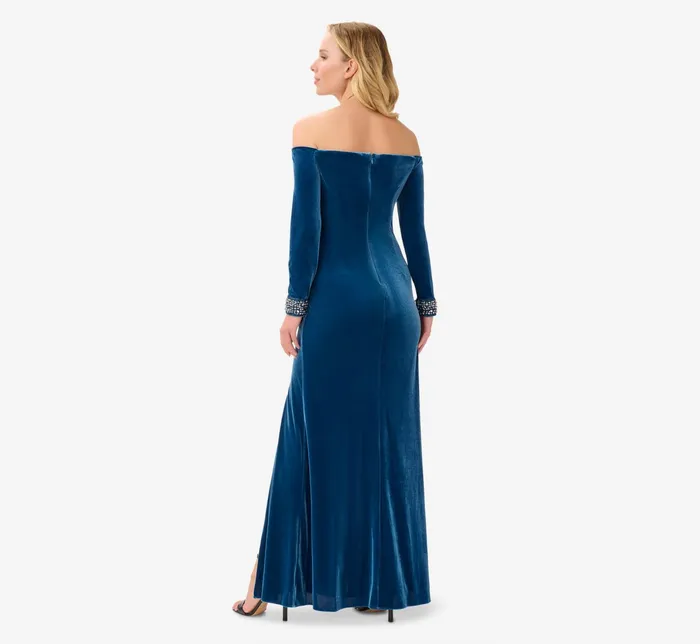 Adrianna Papell Velvet OffTheShoulder Long Gown With HandBeaded Cuff In Ocean Wave Ocean Wave Women Long Dresses Adrianna Papell Velvet OffTheShoulder Long Gown With HandBeaded Cuff In Ocean Wave Ocean Wave Women Long Dresses