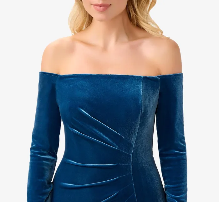 Adrianna Papell Velvet OffTheShoulder Long Gown With HandBeaded Cuff In Ocean Wave Ocean Wave Women Long Dresses Adrianna Papell Velvet OffTheShoulder Long Gown With HandBeaded Cuff In Ocean Wave Ocean Wave Women Long Dresses