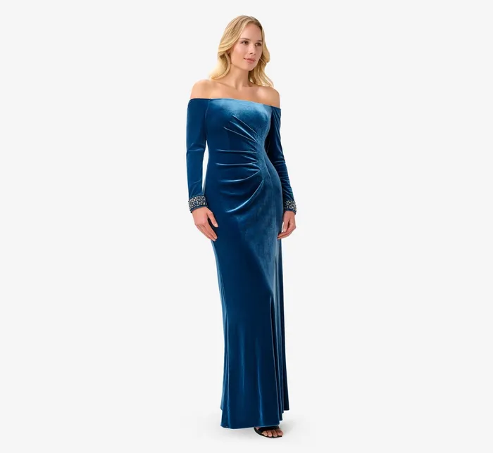 Adrianna Papell Velvet OffTheShoulder Long Gown With HandBeaded Cuff In Ocean Wave Ocean Wave Women Long Dresses Adrianna Papell Velvet OffTheShoulder Long Gown With HandBeaded Cuff In Ocean Wave Ocean Wave Women Long Dresses