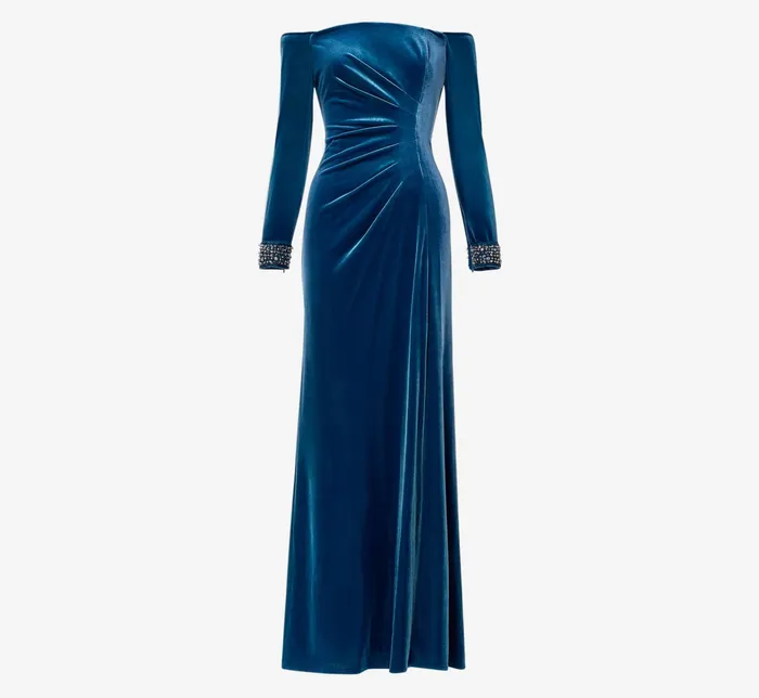 Adrianna Papell Velvet OffTheShoulder Long Gown With HandBeaded Cuff In Ocean Wave Ocean Wave Women Long Dresses Adrianna Papell Velvet OffTheShoulder Long Gown With HandBeaded Cuff In Ocean Wave Ocean Wave Women Long Dresses