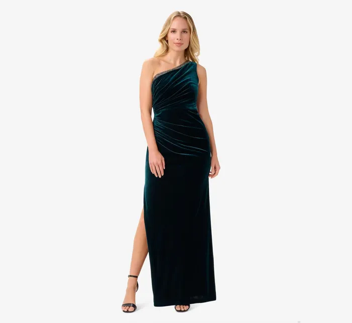 Adrianna Papell Velvet OneShoulder Long Column Gown With Beaded Trim In Hunter Hunter Women Long Dresses Adrianna Papell Velvet OneShoulder Long Column Gown With Beaded Trim In Hunter Hunter Women Long Dresses