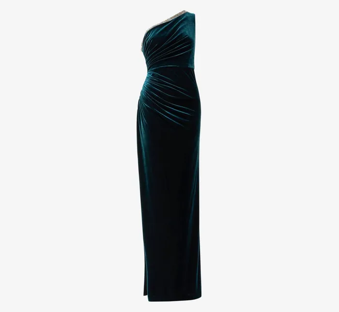 Adrianna Papell Velvet OneShoulder Long Column Gown With Beaded Trim In Hunter Hunter Women Long Dresses Adrianna Papell Velvet OneShoulder Long Column Gown With Beaded Trim In Hunter Hunter Women Long Dresses